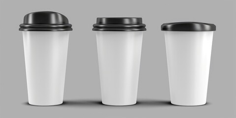 Three white cups with black lids are placed on a gray background. This versatile image can be used for various purposes