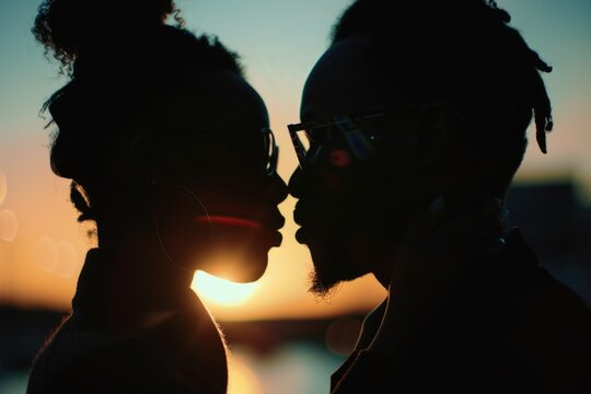 A romantic moment captured as a man and a woman share a passionate kiss against the backdrop of a stunning sunset. Perfect for illustrating love, romance, and affection.