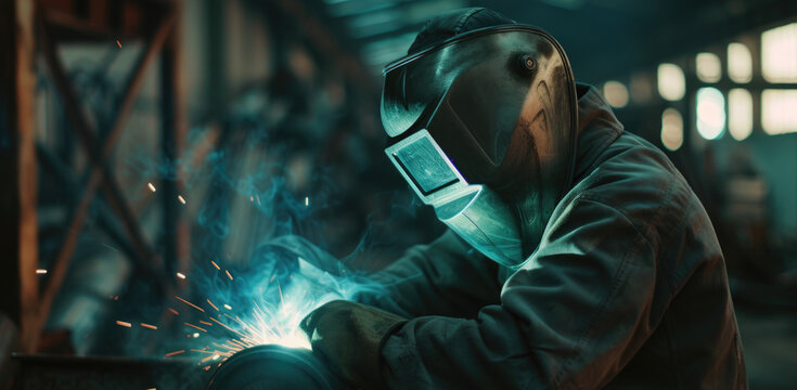 A man wearing a welding mask is working on a piece of metal. This image can be used to depict industrial work or craftsmanship