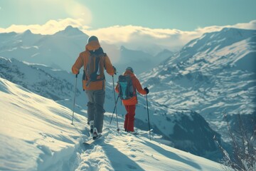 A couple of people walking up a snow covered slope. Perfect for winter outdoor activities