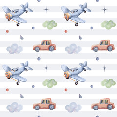 Seamless pattern with airplane, car. Cute childish wallpaper. Watercolor toys background in pastel colors