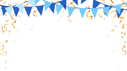 Festive banner background with blue flags and gold confetti, vector illustration