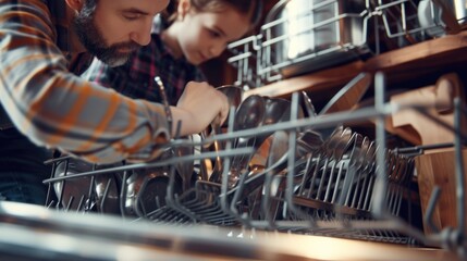 Fototapeta na wymiar A man and a woman are seen working together inside a dishwasher. This image can be used to illustrate teamwork and collaboration in a kitchen or restaurant setting