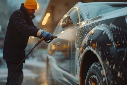 A man is seen washing a car with a hose. This image can be used to depict car maintenance or car washing services