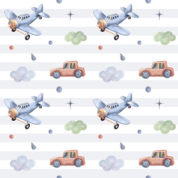 Seamless pattern with airplane, car. Cute childish wallpaper. Watercolor toys background in pastel colors