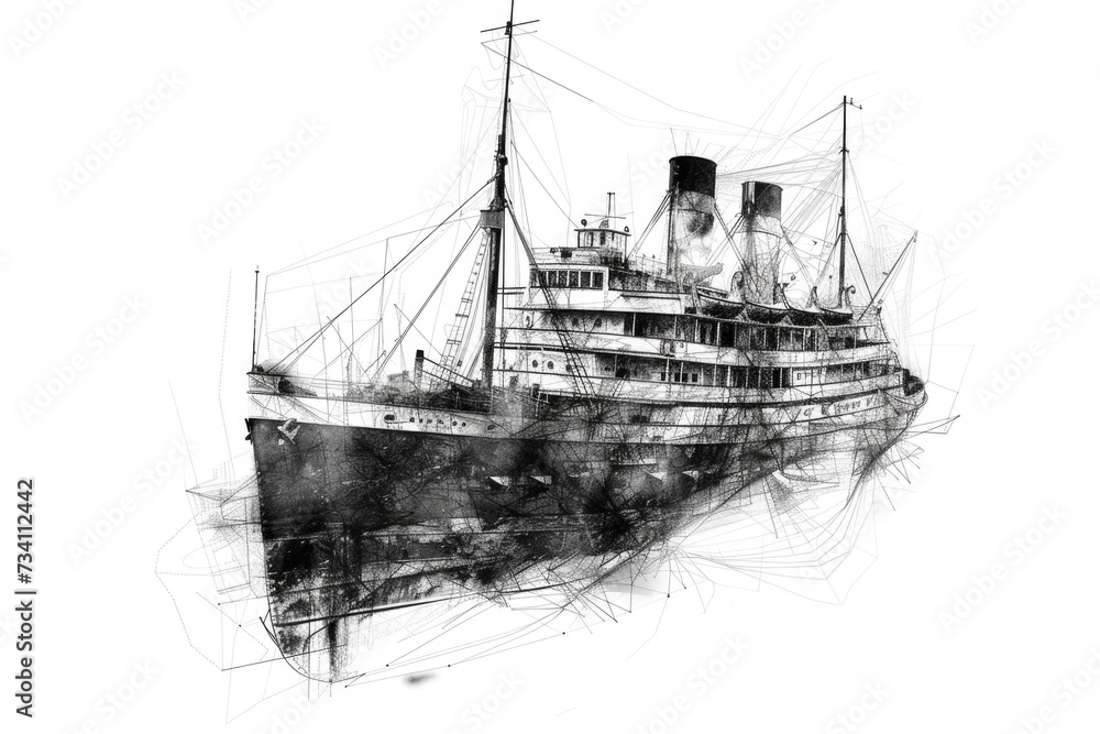 Poster a black and white drawing of a ship. suitable for various applications