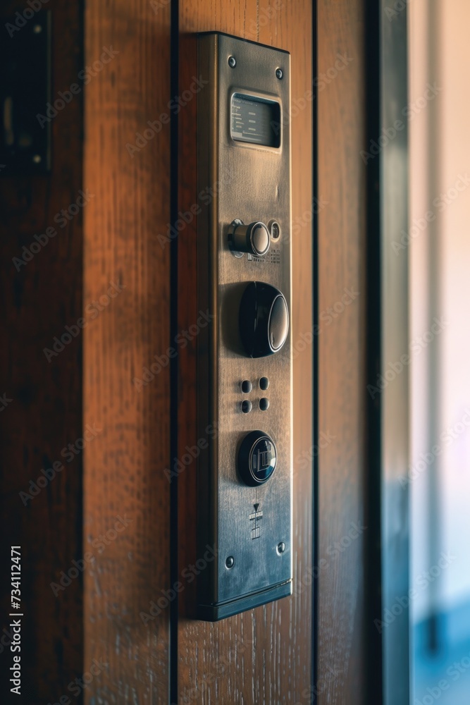 Poster a detailed view of a metal button on a wooden door. this image can be used to represent security, en