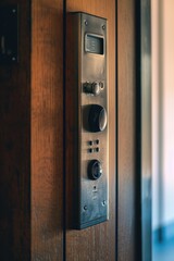 A detailed view of a metal button on a wooden door. This image can be used to represent security, entrance, or access control