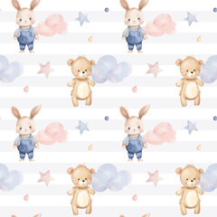 Seamless pattern with teddy bear and bunny. Cute childish wallpaper. Watercolor rabbit background in pastel colors