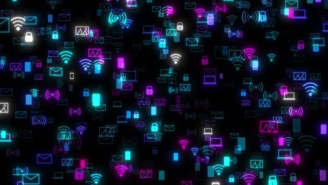 Colorful  Network Icon Flying And Moving Like Wifi, Gallery , Hotspot Gmail Icon, Flying On Black Background. White Glowing Smart Phone, Network Connection Icon Animation Flying Over Black Bg,