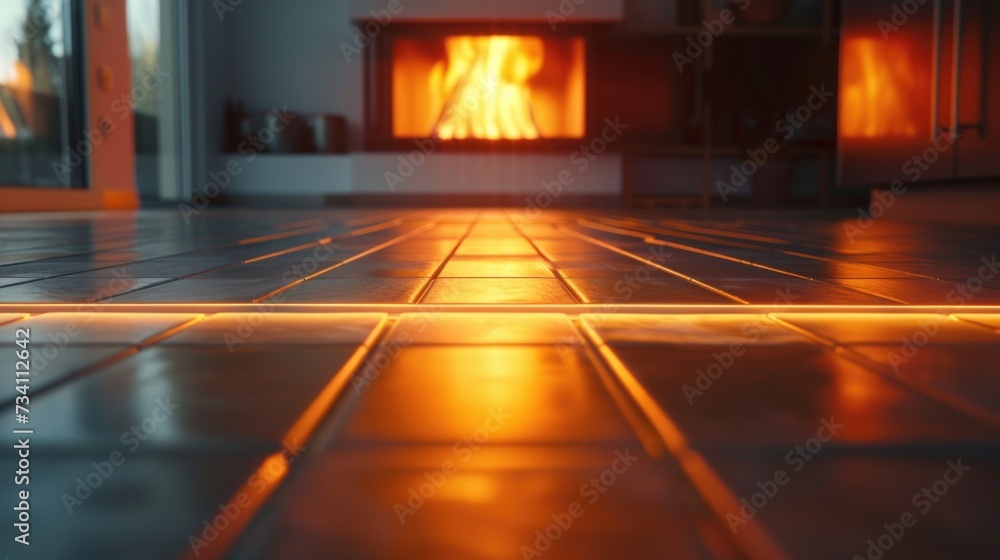 Poster a room with a fireplace and a tiled floor. perfect for creating a warm and inviting atmosphere. idea