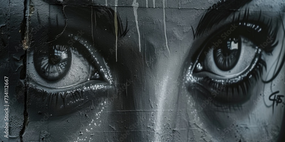 Poster a detailed close-up view of a painting depicting the eyes of a person. this image can be used for va