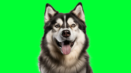Portrait photo of smiling Alaskan Malamute on green background