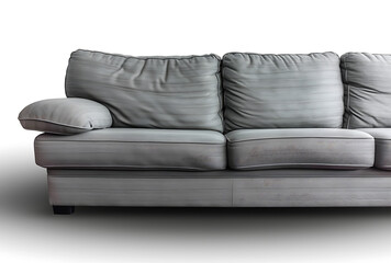 the grey couch is positioned against a white backgrou - obrazy, fototapety, plakaty