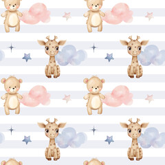 Seamless pattern with giraffe, teddy bear, cute childish wallpaper. Watercolor kids background in pastel colors