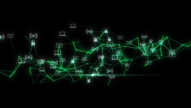 Plexus Connection Moving With, Wifi, Gallery , Hotspot Gmail Icon, Abstract Animation Of High Technology Plexus Background With Mobile Phone Icon Animation On Black Background. Plexus Network Moving