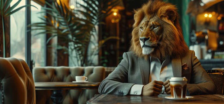 A man dressed in a suit sits at a table wearing a lion mask on his head. This unique and eye-catching image can be used for various creative projects and events