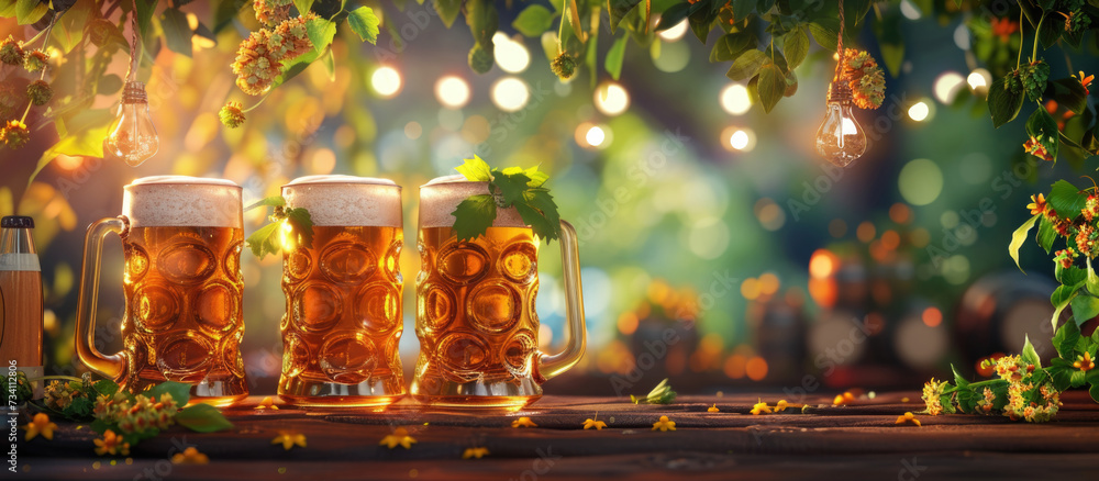 Poster three mugs of beer sitting on a table. perfect for bar or pub-related designs