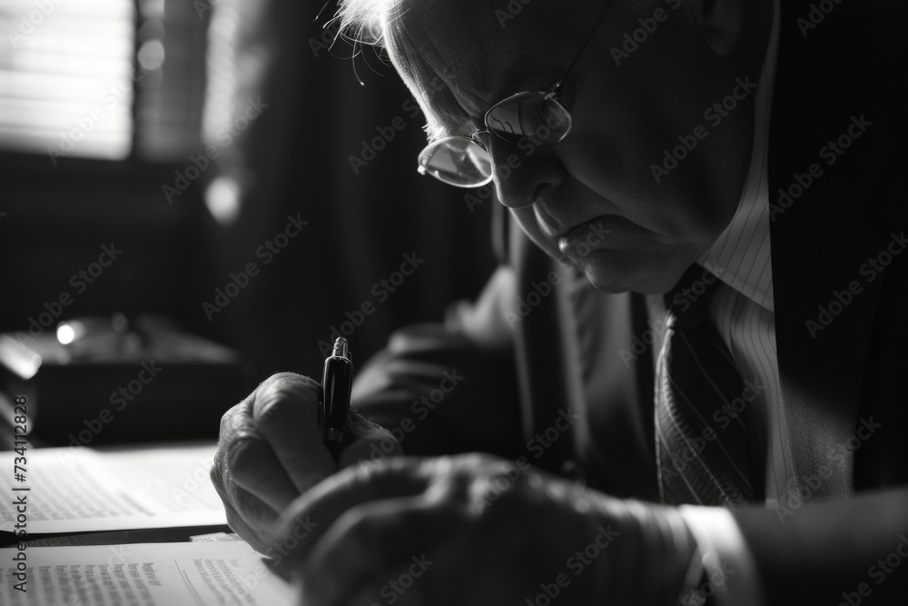 Poster a man in a suit and tie writing on a piece of paper. suitable for business-related designs and conce