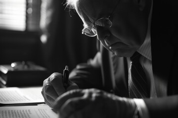 A man in a suit and tie writing on a piece of paper. Suitable for business-related designs and concepts