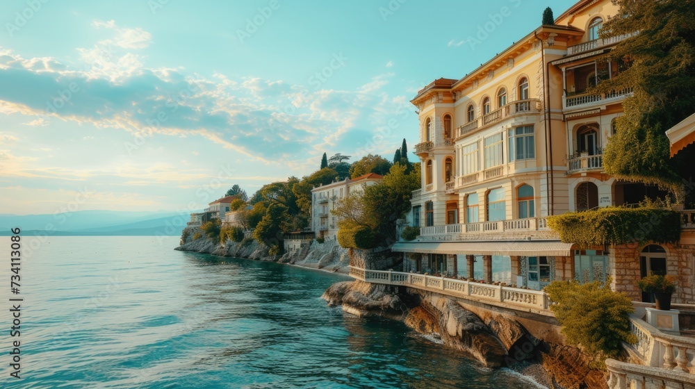 Poster a scenic view of a body of water near a building. this image captures the peacefulness of the waterf