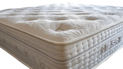 A detailed view of a mattress placed on a clean white surface. Suitable for showcasing bedding products and interior design concepts