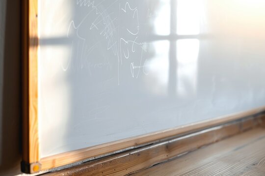 A blackboard with writing is displayed in front of a window. This image can be used for educational or business purposes