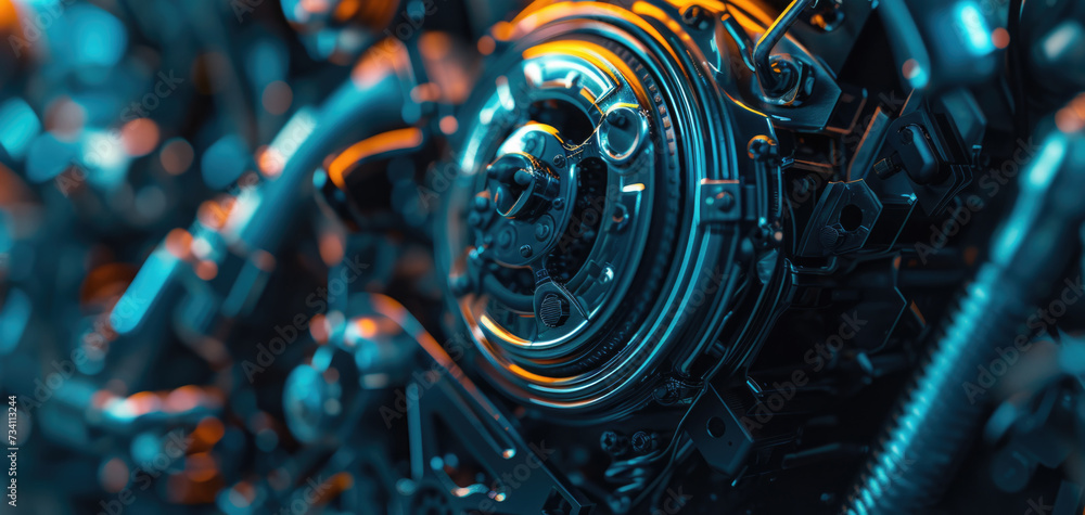Poster detailed close up view of a motorcycle engine. perfect for automotive enthusiasts and mechanics.