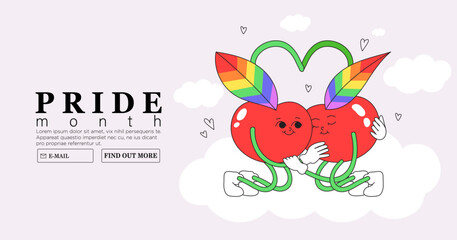 Two cute cherry hug each other tenderly with rainbow colored leaves. Trendy lgbtq or pride month event or festival banner, poster, placard, greeting card background. Funky kewpies characters.