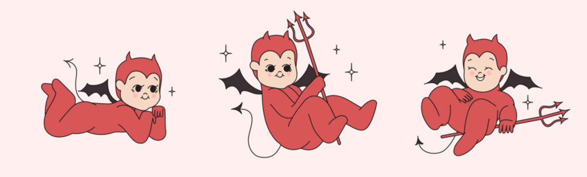 Collection of little cute devil characters in kewpies style. Set of kewpies doll in different poses with wings in groovy funky line tattoo style. Small comic kids pretending to be satan.