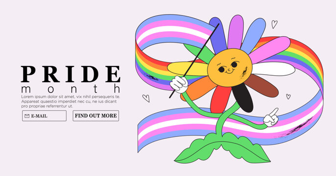 Cute funky groovy Kewpie character with rainbow lgbtq and transgender flag celebrate pride month or day vector flat illustration. LGBTQ social media banner or post template, greeting card.