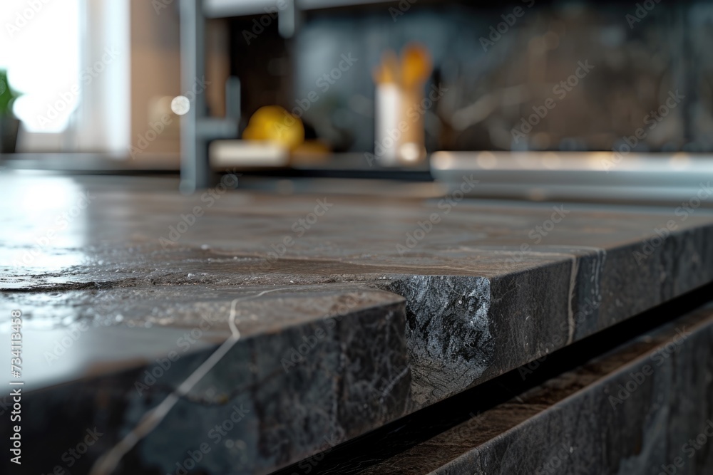 Poster a detailed view of a sink on a counter top. this image can be used to depict a kitchen or bathroom s