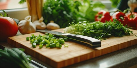A picture of a cutting board with a knife and various vegetables. This image can be used to showcase cooking, healthy eating, meal preparation, or culinary concepts - obrazy, fototapety, plakaty