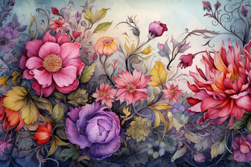 Obraz na płótnie Canvas Seamless pattern with spring flowers and leaves