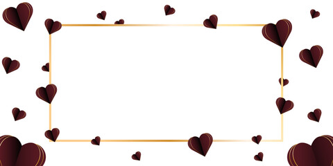 Banner with gold frame and flying hearts in cut paper style. Frame for text. Hearts are red with gold edges. Valentine's Day. Romance and love. Screensaver, advertising template, advertising frame