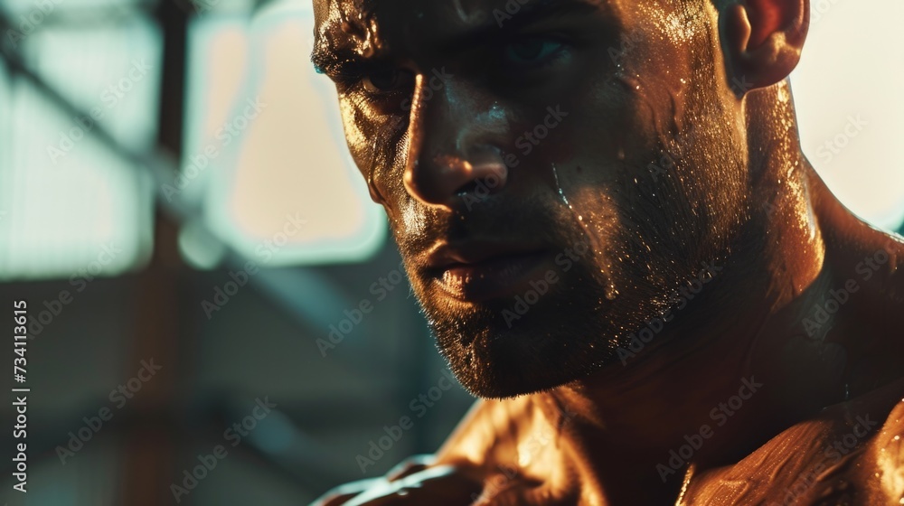 Poster a close-up of a man with a wet face. suitable for various applications