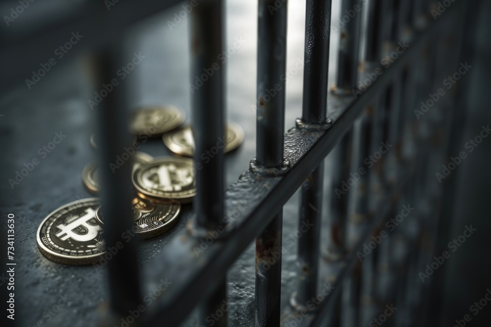 Poster a stack of bitcoins sitting on top of a metal fence. can be used to illustrate the concept of crypto