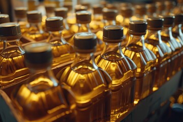Bottles of oil displayed on a shelf. Suitable for use in cooking or as ingredients in beauty products