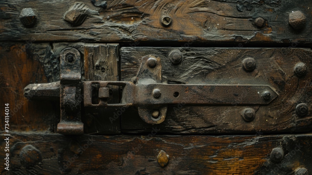 Poster a detailed close-up view of a metal latch attached to a sturdy wooden door. this image can be used t