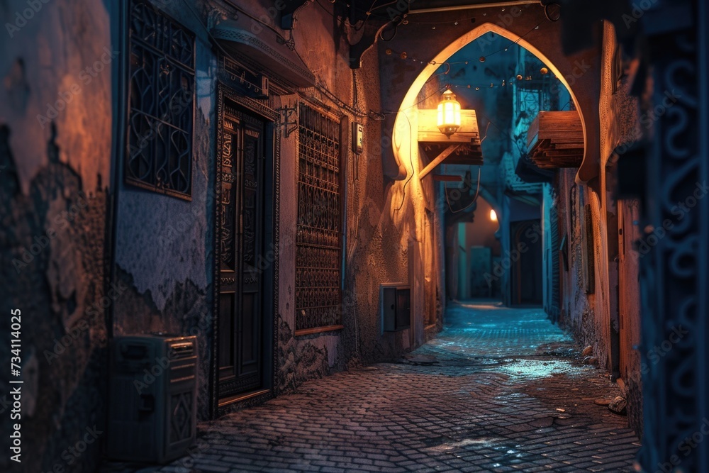 Poster a narrow alleyway with a visible light at the end. perfect for depicting hope, new beginnings, and f