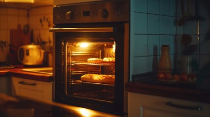 An image of an oven with food cooking inside. Perfect for showcasing home cooking, recipes, and kitchen appliances