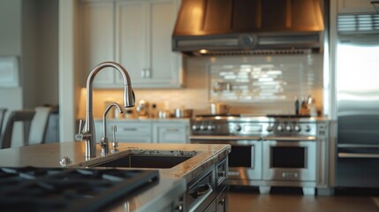 A contemporary kitchen featuring sleek stainless steel appliances and a functional sink. Ideal for showcasing modern home design or illustrating the concept of a well-equipped kitchen.