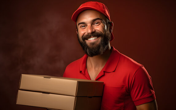 Happy Bearded Delivery Man in Red Uniform