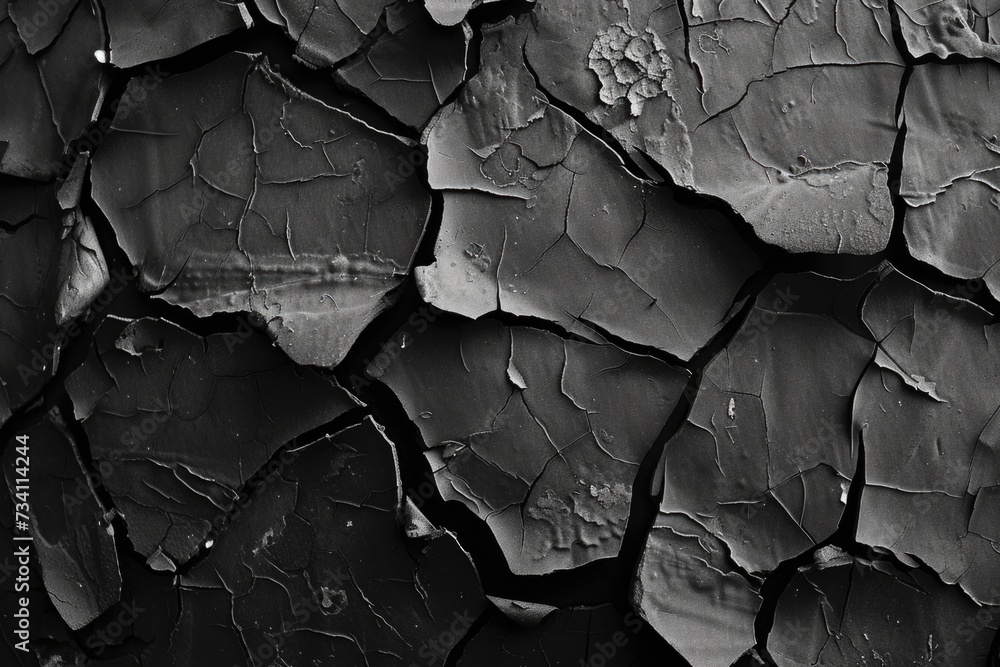 Poster A black and white photo capturing the texture and patterns of cracked paint. Perfect for adding a vintage or distressed look to your designs