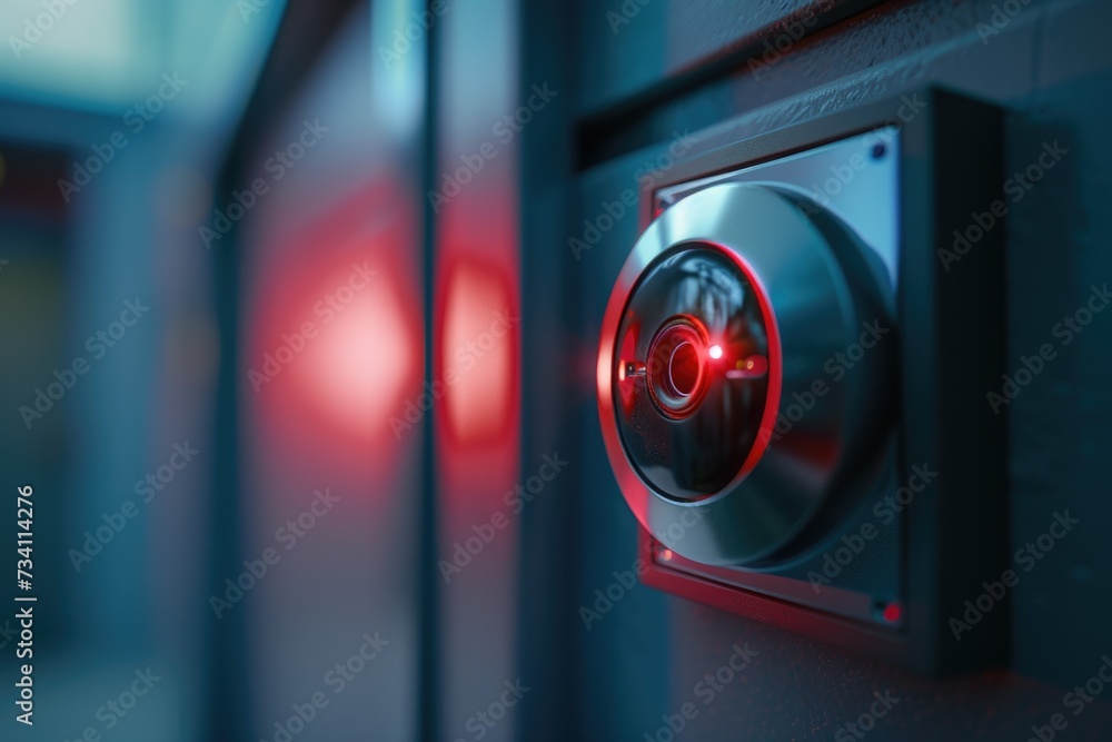 Poster A detailed close-up of a button on a wall. This versatile image can be used to illustrate concepts such as technology, control, security, or access