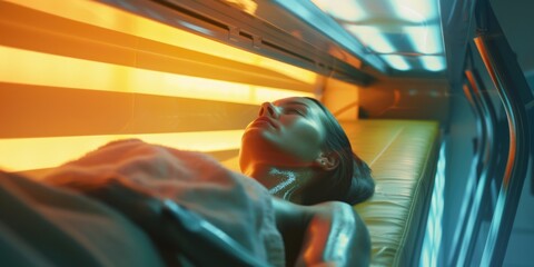 Obraz premium A woman peacefully resting on a bed in a comfortable room. Perfect for illustrating relaxation and tranquility. Ideal for home decor, interior design, or wellness-related content