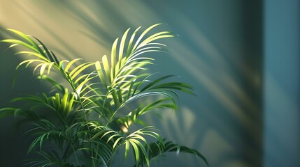 Sun-kissed tropical plant indoors basking in natural light. fresh greenery in serene setting. home decor and tranquility captured in a photo. AI - obrazy, fototapety, plakaty