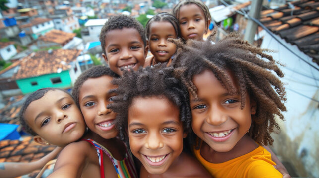 Group of smiling multiracial children trying to get in the photo in front of the labyrinthine streets of the favelas. Precarious living conditions in Brazilian cities. Ai generated