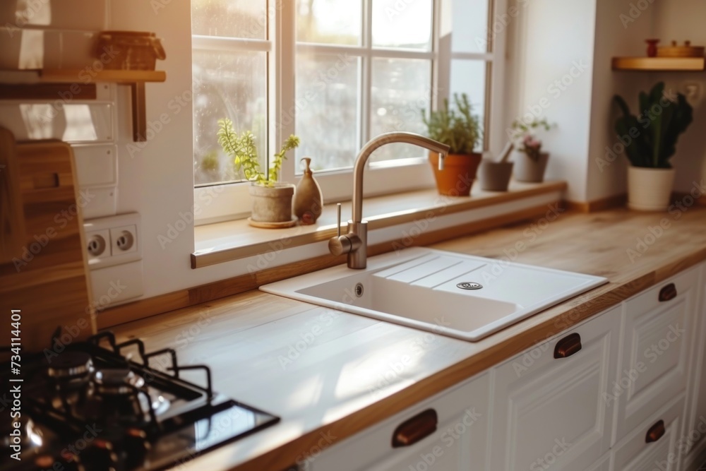 Poster a kitchen with a sink and a window. suitable for home improvement projects and interior design conce