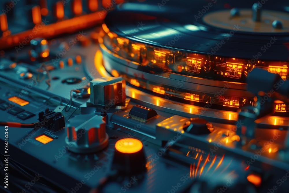 Poster a close-up view of a turntable with a record playing. perfect for illustrating the concept of music,